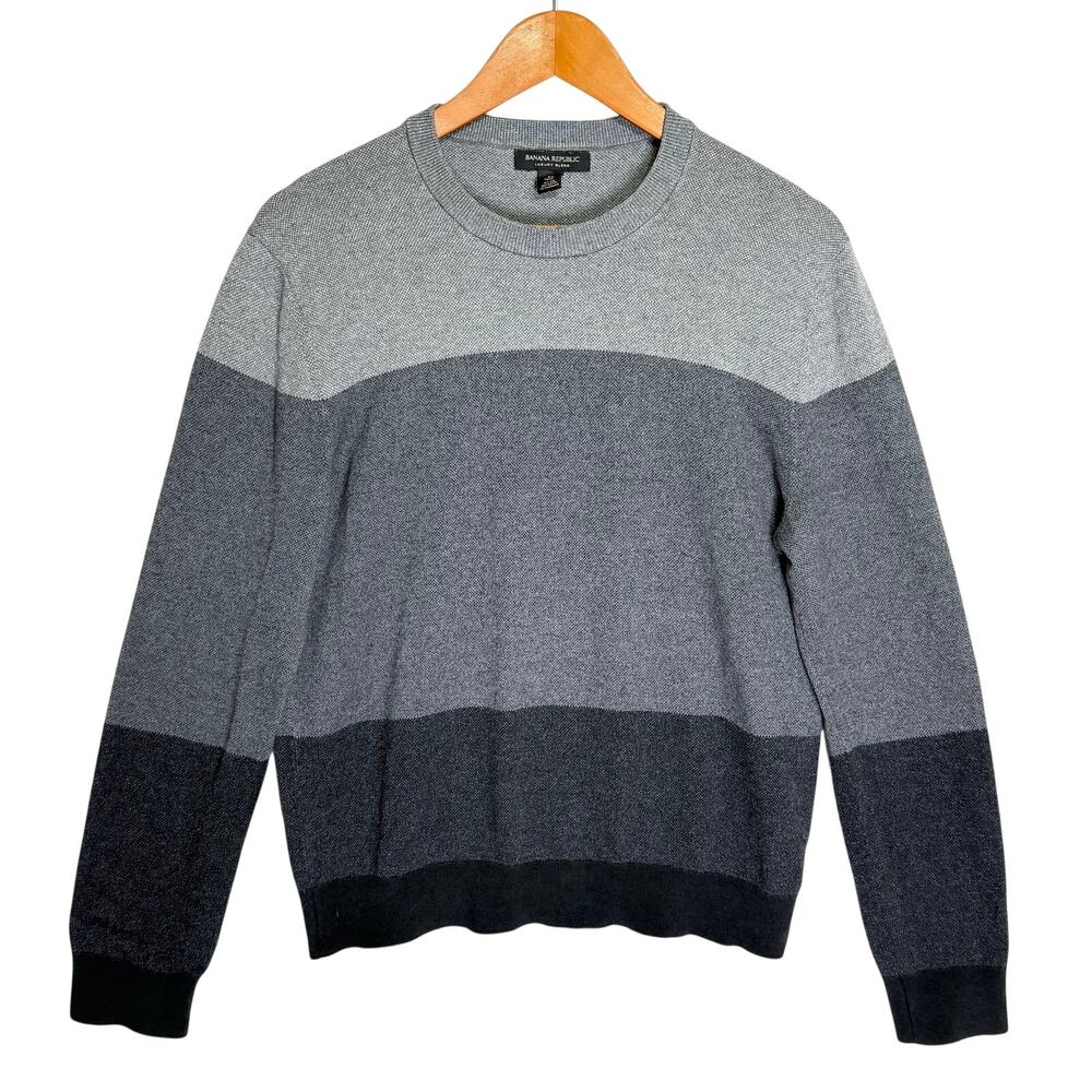 Banana Republic Luxury Blend Striped Sweater Mens M Gray Silk Cotton Cashmere